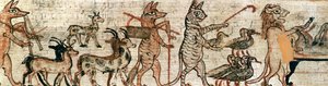 O Papiro Satírico, detalhe do lado direito de um gato pastoreando gansos e um leão mumificando um burro, de Tebas, c.1100 aC (ver também 85721)